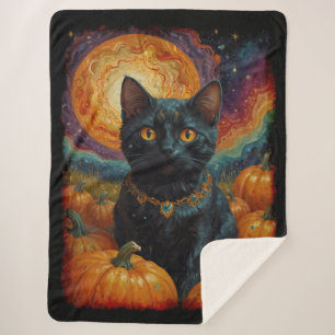 Halloween Black Kitten and Pumpkin  Sherpa Blanket