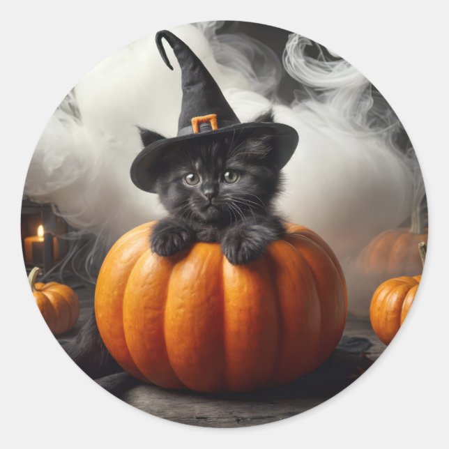 Halloween Black Kitten In Pumpkin Classic Round Sticker (Front)