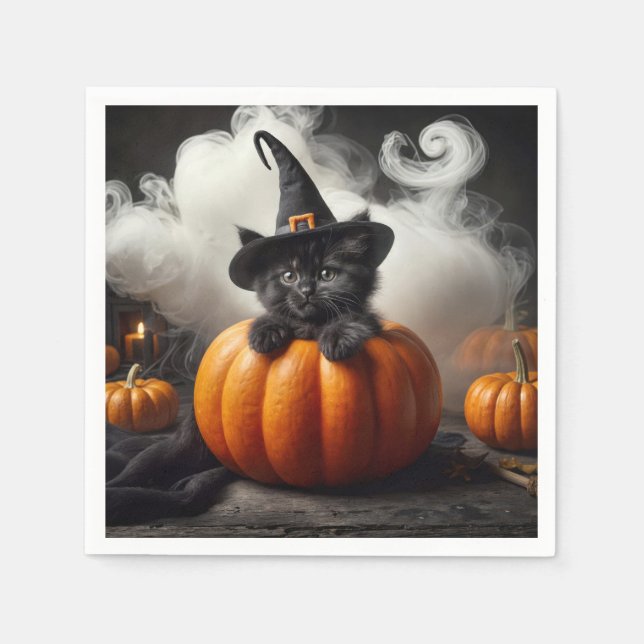 Halloween Black Kitten In Pumpkin Napkin (Front)