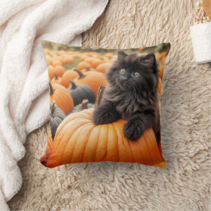 Halloween Black Kitten On a Pumpkin Cushion