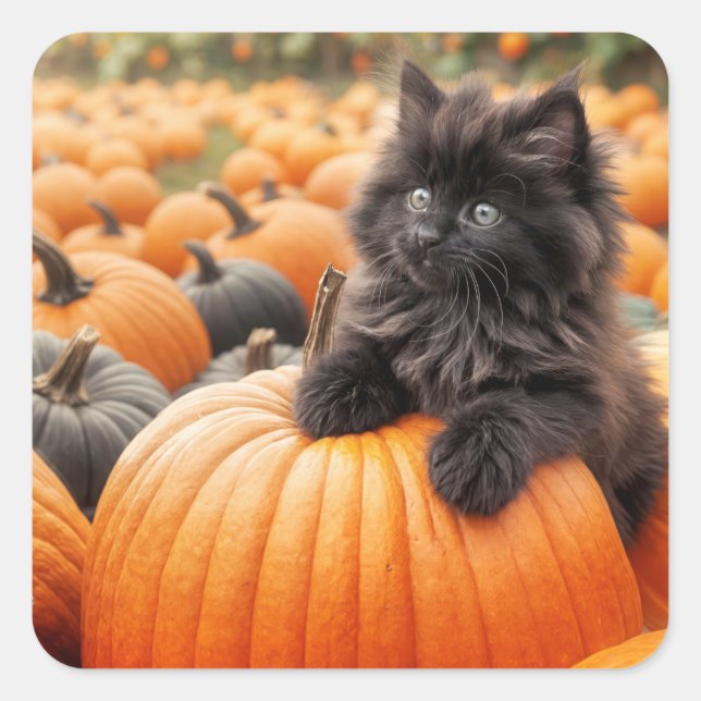 Halloween Black Kitten On a Pumpkin Square Sticker (Front)