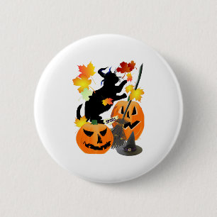Halloween Black Kitty Batting Pretty Leaves 6 Cm Round Badge