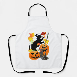 Halloween Black Kitty Batting Pretty Leaves Apron