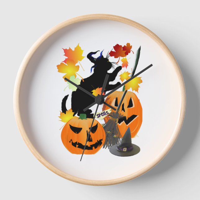 Halloween Black Kitty Batting Pretty Leaves Clock (Front)