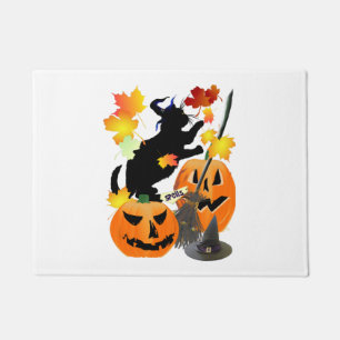 Halloween Black Kitty Batting Pretty Leaves Doormat