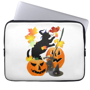 Halloween Black Kitty Batting Pretty Leaves Laptop Sleeve