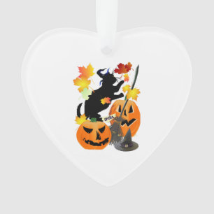 Halloween Black Kitty Batting Pretty Leaves Ornament