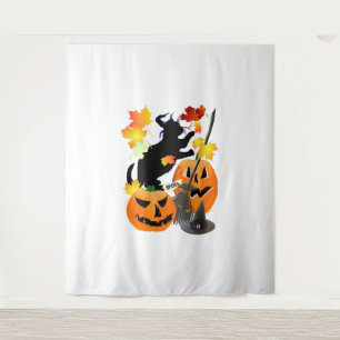 Halloween Black Kitty Batting Pretty Leaves Tapestry