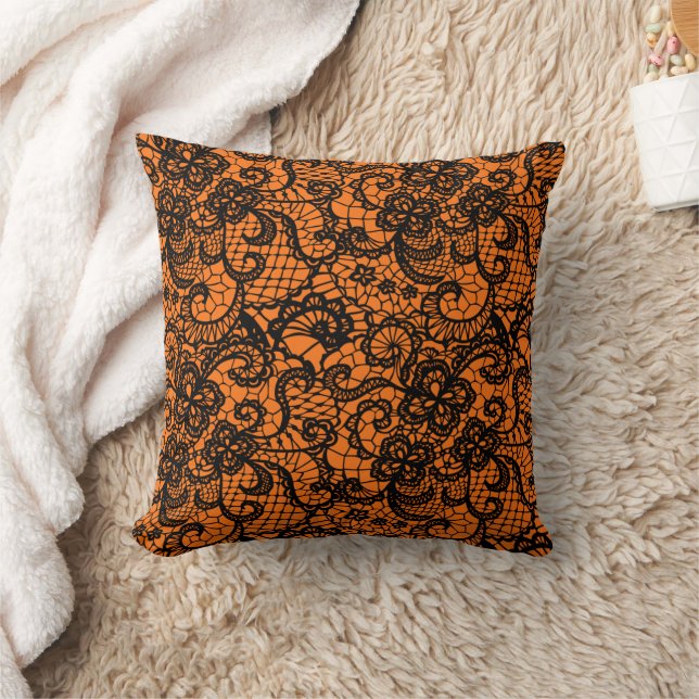 Halloween Black Lace On Orange Cushion (Blanket)