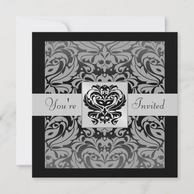 Halloween Black Mask Damask Grey Ribbon Invitation (Front)