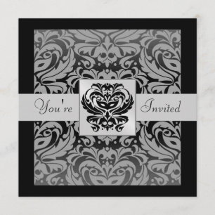 Halloween Black Mask Damask Grey Ribbon Invitation