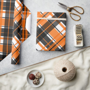 Halloween Black Orange and White Plaid Wrapping Paper