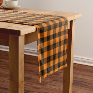 Halloween Black Orange Gingham Check Pattern Short Table Runner