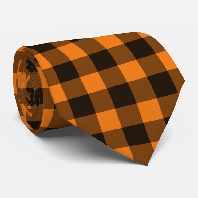 Halloween Black Orange Gingham Check Pattern Tie (Rolled)