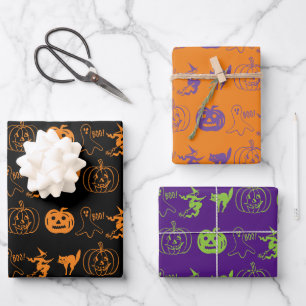Halloween black orange purple green spooky  wrapping paper sheet