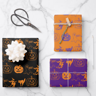 Halloween black orange purple spooky pattern wrapping paper sheet