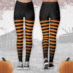 Halloween Black orange spider web stripes ombre Leggings