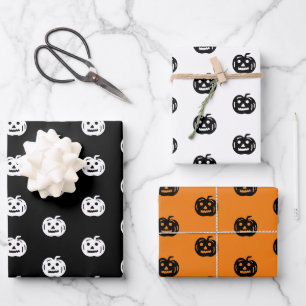 Halloween black orange white jack o lantern wrapping paper sheet