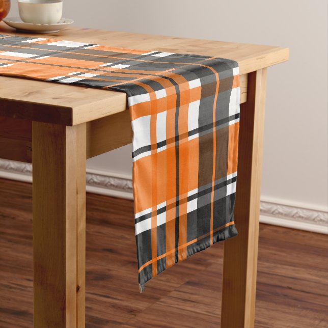 Halloween Black Orange White Plaid Short Table Runner (In Situ)