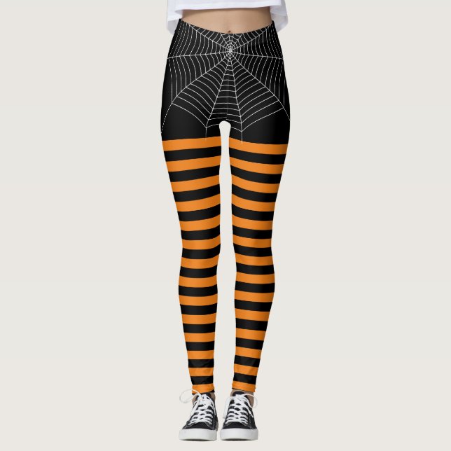 Halloween Black Orange White spider web stripes Leggings (Front)
