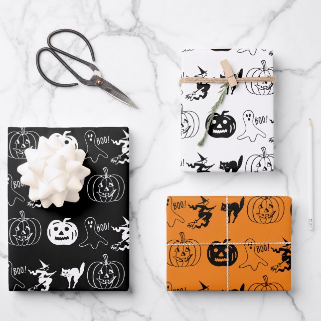 Halloween black orange white spooky pattern wrapping paper sheet (Front)