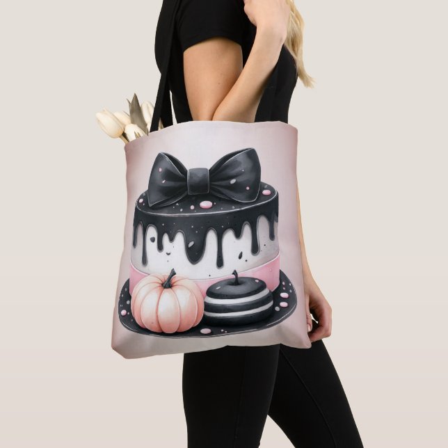 Halloween Black Pink Cake Treat Spooky Tote Bag (Close Up)