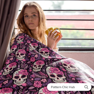 Halloween Black & Pink Sugar Skull Modern Vintage  Fleece Blanket