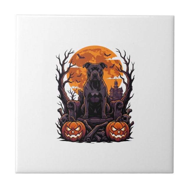 Halloween Black Pitbull Throne Pumpkins Full Moon_ Ceramic Tile (Front)