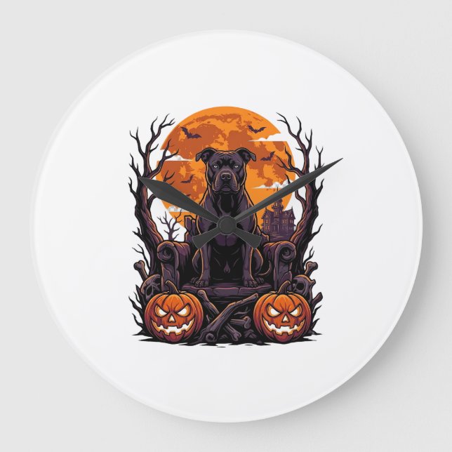 Halloween Black Pitbull Throne Pumpkins Full Moon_ Large Clock (Front)