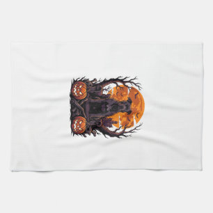 Halloween Black Pitbull Throne Pumpkins Full Moon_ Tea Towel