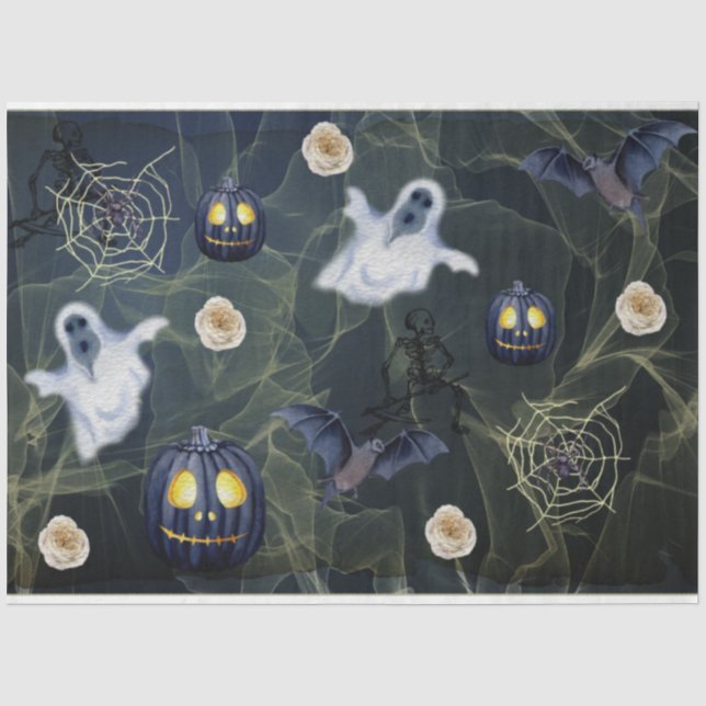 Halloween Black Pumpkin, Ghosts and Spider Web  Tissue Paper (Front)