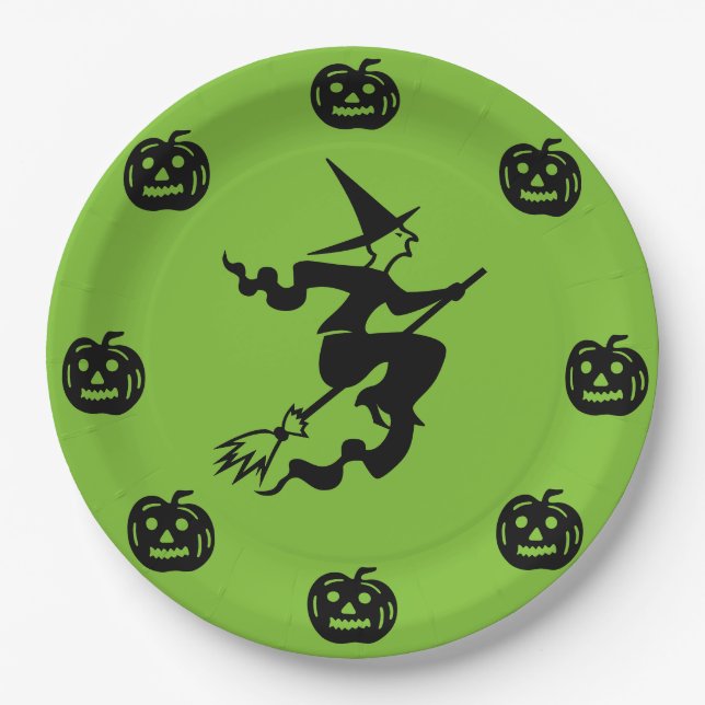 Halloween - Black Pumpkins & Witch Paper Plate (Front)