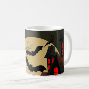 Halloween Black Red Haunted House Bat Full Moon Coffee Mug
