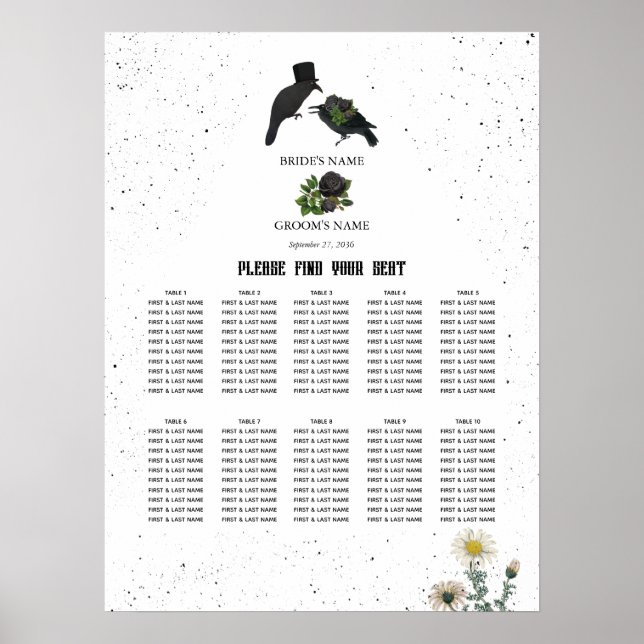 Halloween Black Roses Crows Wedding Seating Chart (Front)
