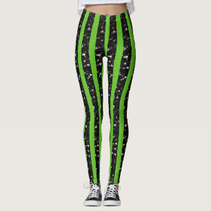 Halloween Black sparkles stripes lines on green Leggings