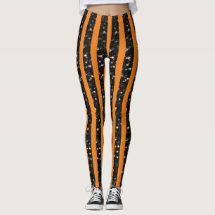 Halloween Black sparkles stripes lines on orange  Leggings