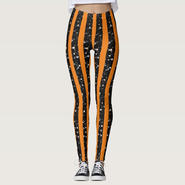 Halloween Black sparkles stripes lines on orange  Leggings (Front)