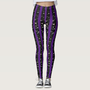 Halloween Black sparkles stripes lines on purple Leggings