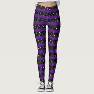Halloween Black sparkles stripes lines on purple Leggings