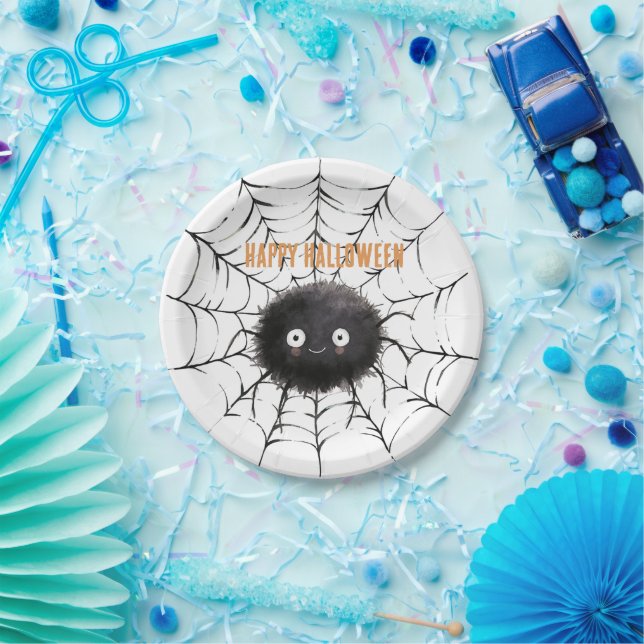 Halloween Black Spider on Web Paper Plate (Party)