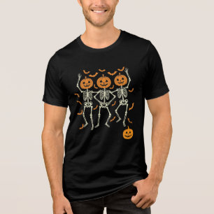 Halloween Black Tshirt Dancing Skeletons Pumpkin