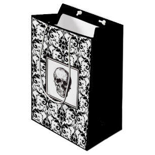 HALLOWEEN Black Vintage Damask Pattern Skull Medium Gift Bag