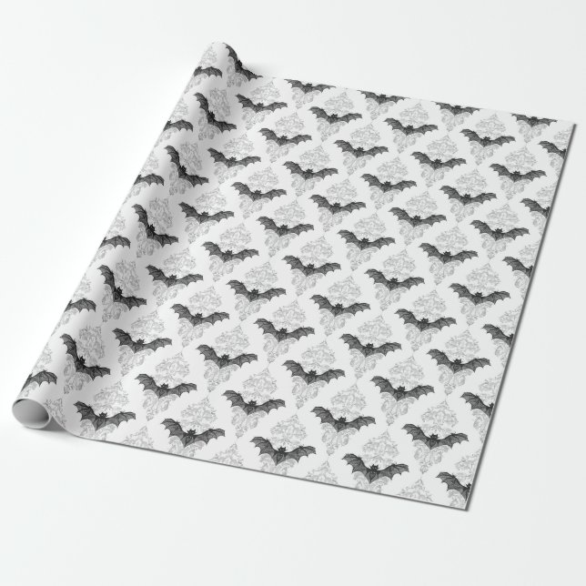 Halloween black white bat pattern wrapping paper (Unrolled)