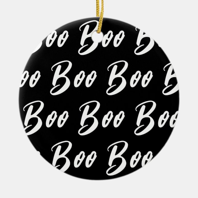 Halloween black white boo text pattern ceramic ornament (Front)