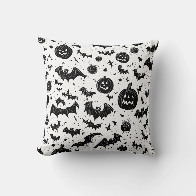 Halloween Black White Jack O'Lantern Bat Doodle Cushion (Front)