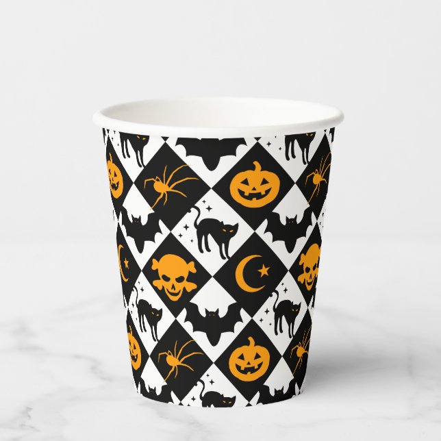 Halloween Black White Orange Harlequin Pattern Paper Cups (Front)