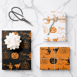 Halloween black white orange spooky pattern wrapping paper sheet