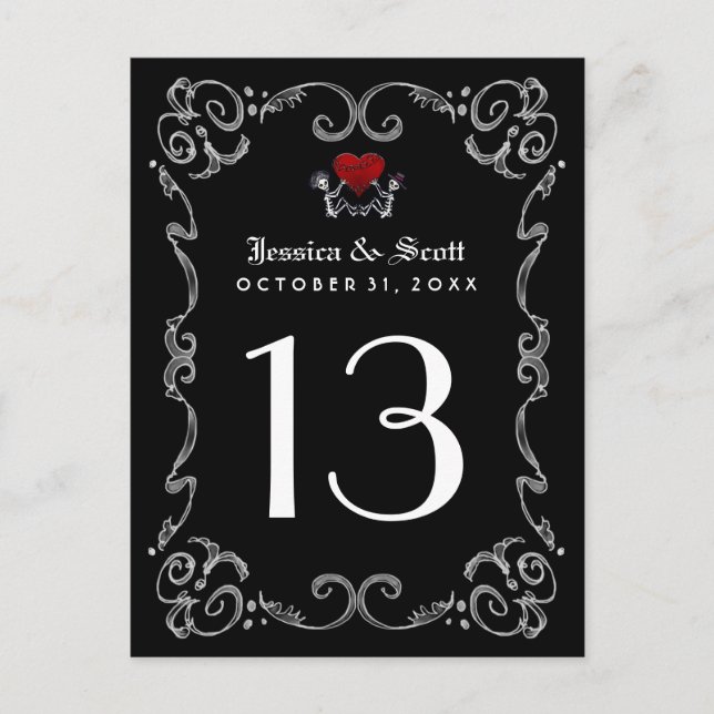 Halloween Black White Skeletons Heart Table Number Postcard (Front)