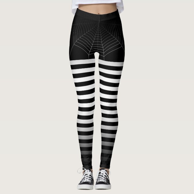Halloween Black White spider web stripes ombre Leggings (Front)