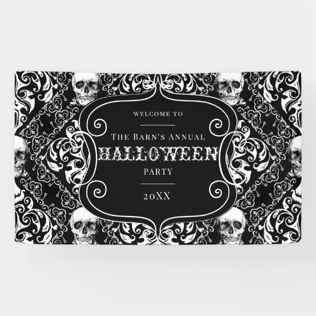 Halloween Black White Vintage Gothic Skull Damask Banner (Horizontal)